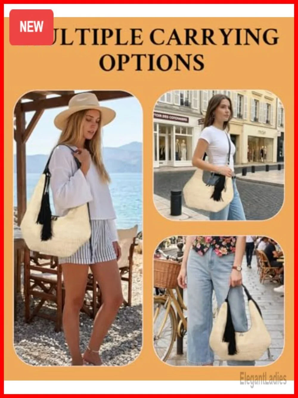 Hobo Shoulder Crossbody Bag with Adjustable Strap, Straw Weave Summer Beach